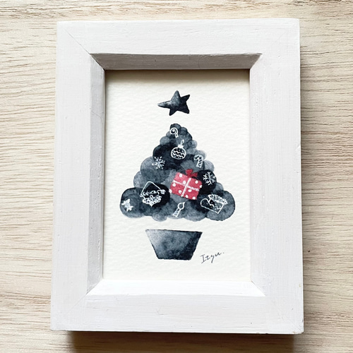 透明水彩画 ミニ額「モノトーンクリスマス」イラスト クリスマスツリー