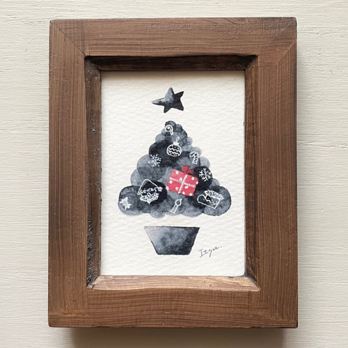 透明水彩画 ミニ額「モノトーンクリスマス」イラスト クリスマスツリー
