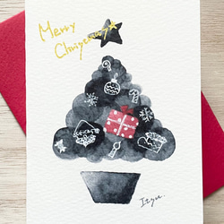 透明水彩画　ミニカード2枚セット「モノトーンクリスマス」クリスマスカード　クリスマス　クリスマスツリー　バースデーカード 2枚目の画像