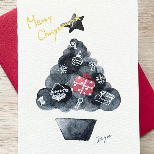 透明水彩画 ミニカード2枚セット「モノトーンクリスマス」クリスマス