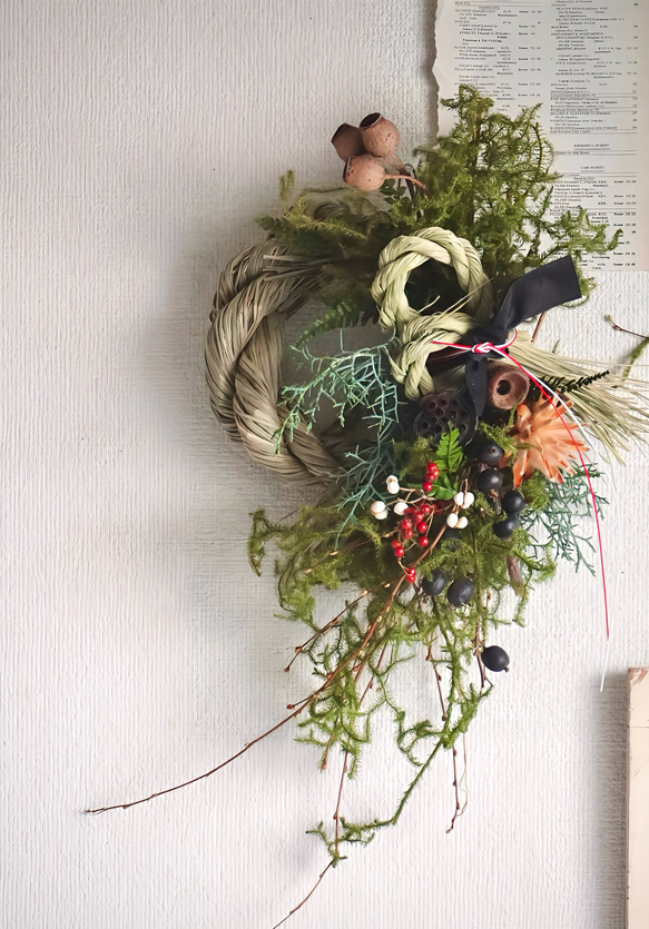 正月 しめ縄飾り 植物素材　ひょうたん　ヒカゲノカズラ ヒカゲカズラが美しいのお正月飾り しめ縄・しめ飾り nico 通販