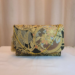 最後の一点】シルバー花柄様シルク着物帯の2waysクラッチバッグ