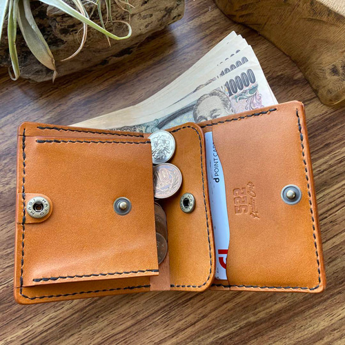 本革 コンパクトウォレット 国産レザー ヌメ革 手縫い ハンドメイド