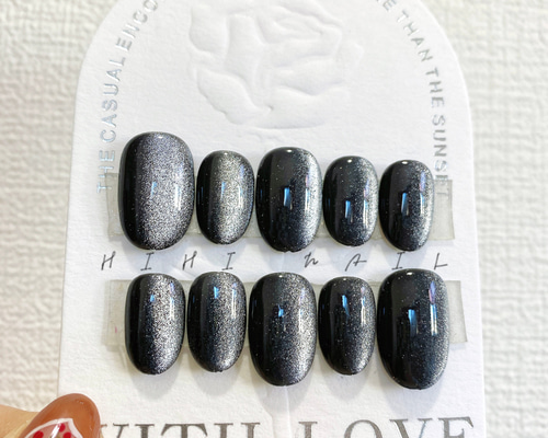 ［01］ネイルチップ マグネットネイル うねうね ブラック ぷっくり オーダー 55d5fbb5b983cc755541ddb3f00f95