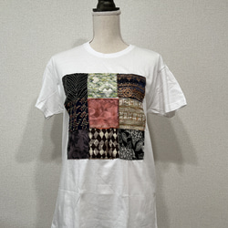 【和×洋】米沢織パッチワーク風Tシャツ　ホワイト 4枚目の画像