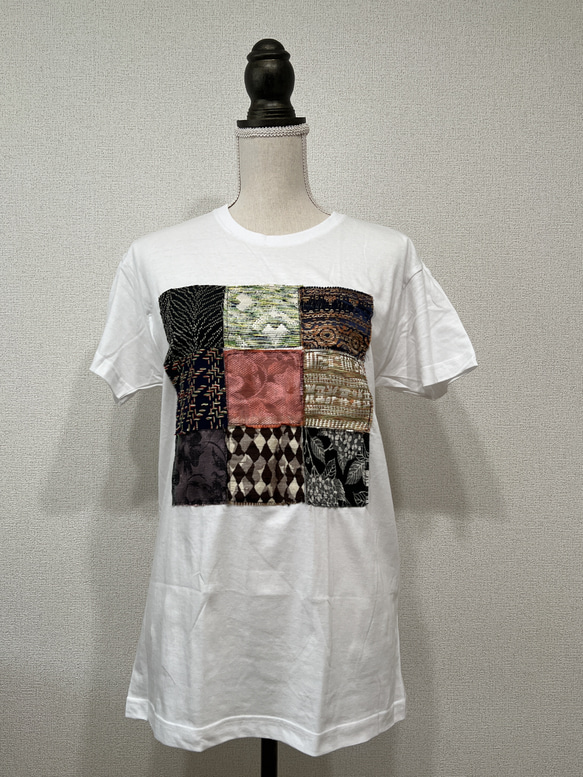 【和×洋】米沢織パッチワーク風Tシャツ　ホワイト 4枚目の画像