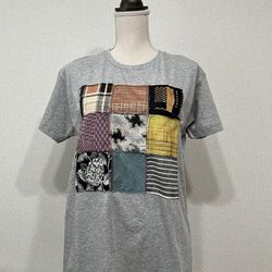 【和×洋】米沢織スクエアパッチワーク風Tシャツ　グレー 2枚目の画像