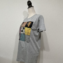 【和×洋】米沢織スクエアパッチワーク風Tシャツ　グレー 3枚目の画像