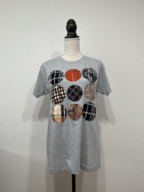 【和×洋】米沢織ドットパッチワーク風Tシャツ　グレー 4枚目の画像