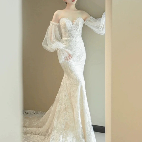 ❤️前撮りに❤️レース長袖 マーメイド風 ウェディングドレス トレーン付 M 長袖 総レース マーメイド ウエディングドレス 前撮り ドレス ウララ