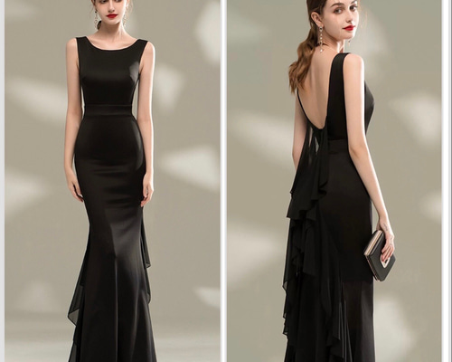 【新品】Vネックラメブラックマーメイドドレス/ブライダル/パーティドレス Vネックサテンマーメイドパーティードレス (ウェディングドレス