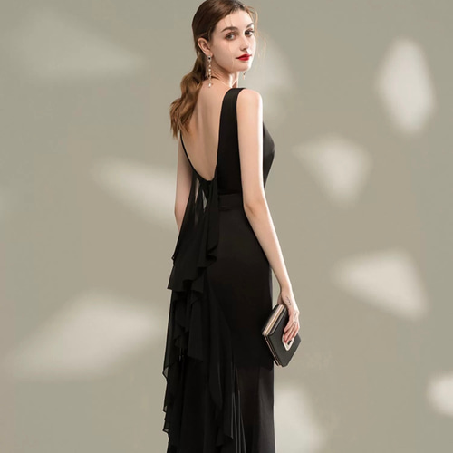 【新品】Vネックラメブラックマーメイドドレス/ブライダル/パーティドレス Vネックサテンマーメイドパーティードレス (ウェディングドレス