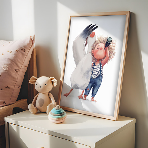 アートポスター キッズポスター こども探検 望遠鏡と大きな鳥の