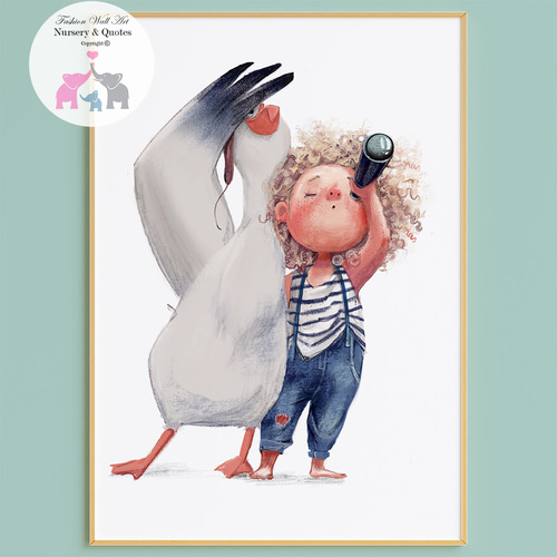 アートポスター キッズポスター こども探検 望遠鏡と大きな鳥の