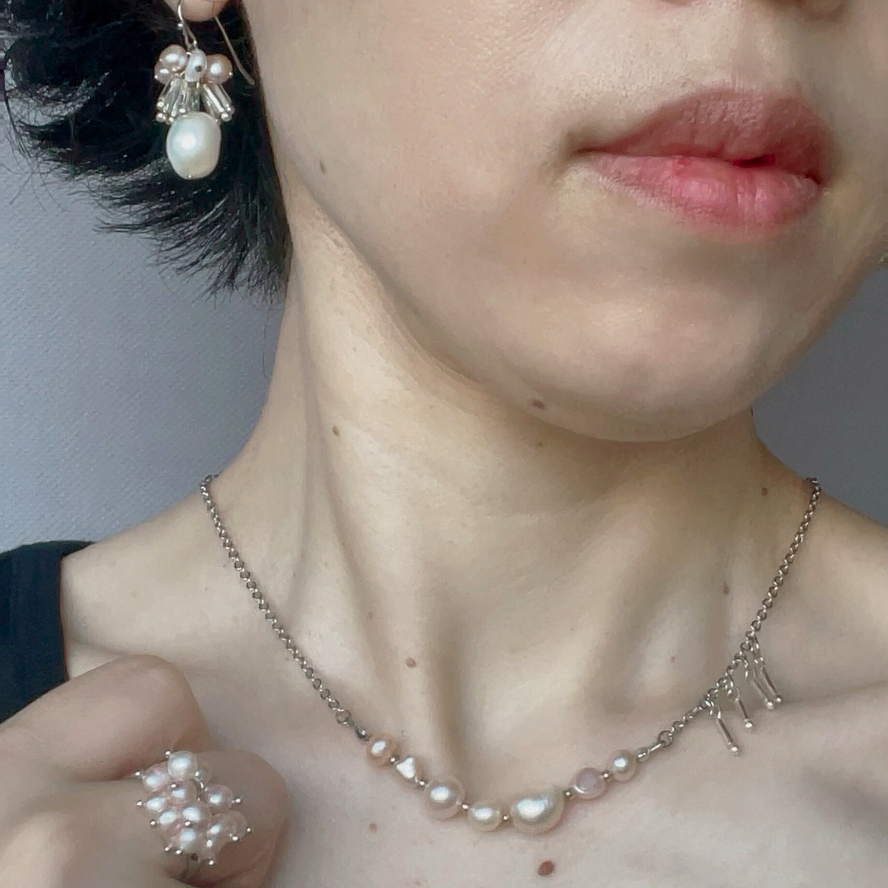 【set ピンク】大粒バロックパールとガラスビーズ　ピアス/イヤリングとネックレスのセット　※リング別売