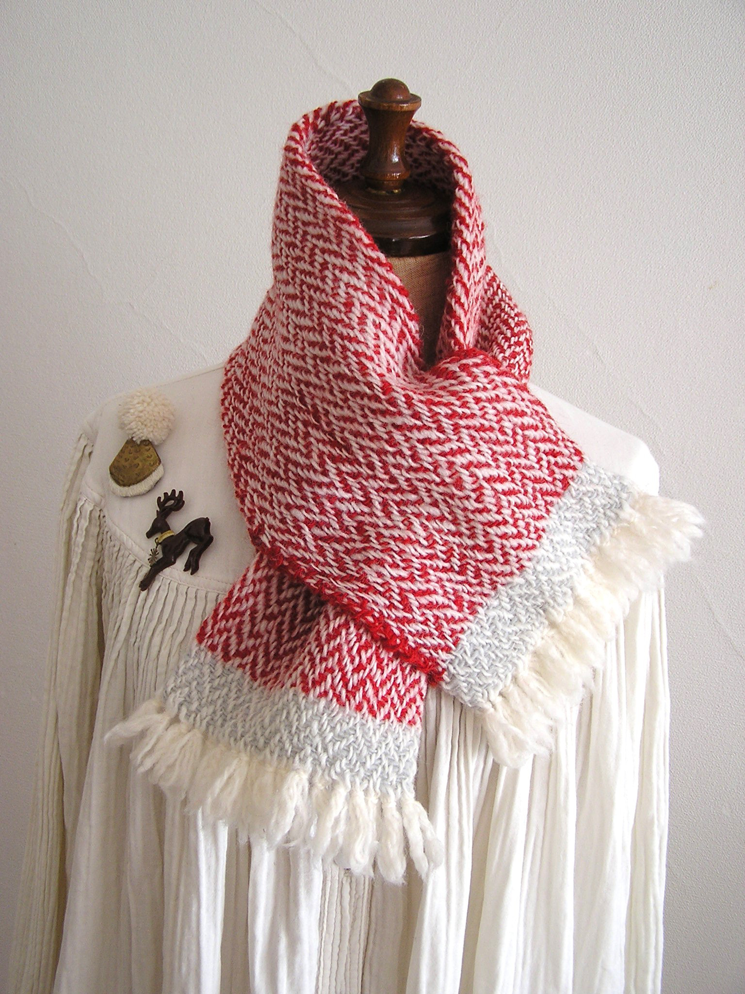 ホームスパン Herring bone ちびマフラー　赤