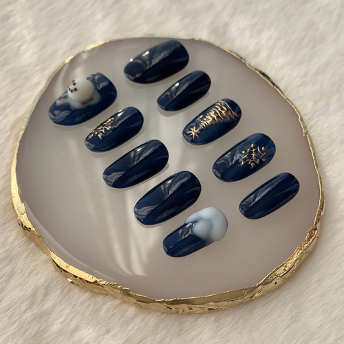 ネイビー×ゴールド 雪だるまクリスマスネイル ネイルチップ（つけ爪