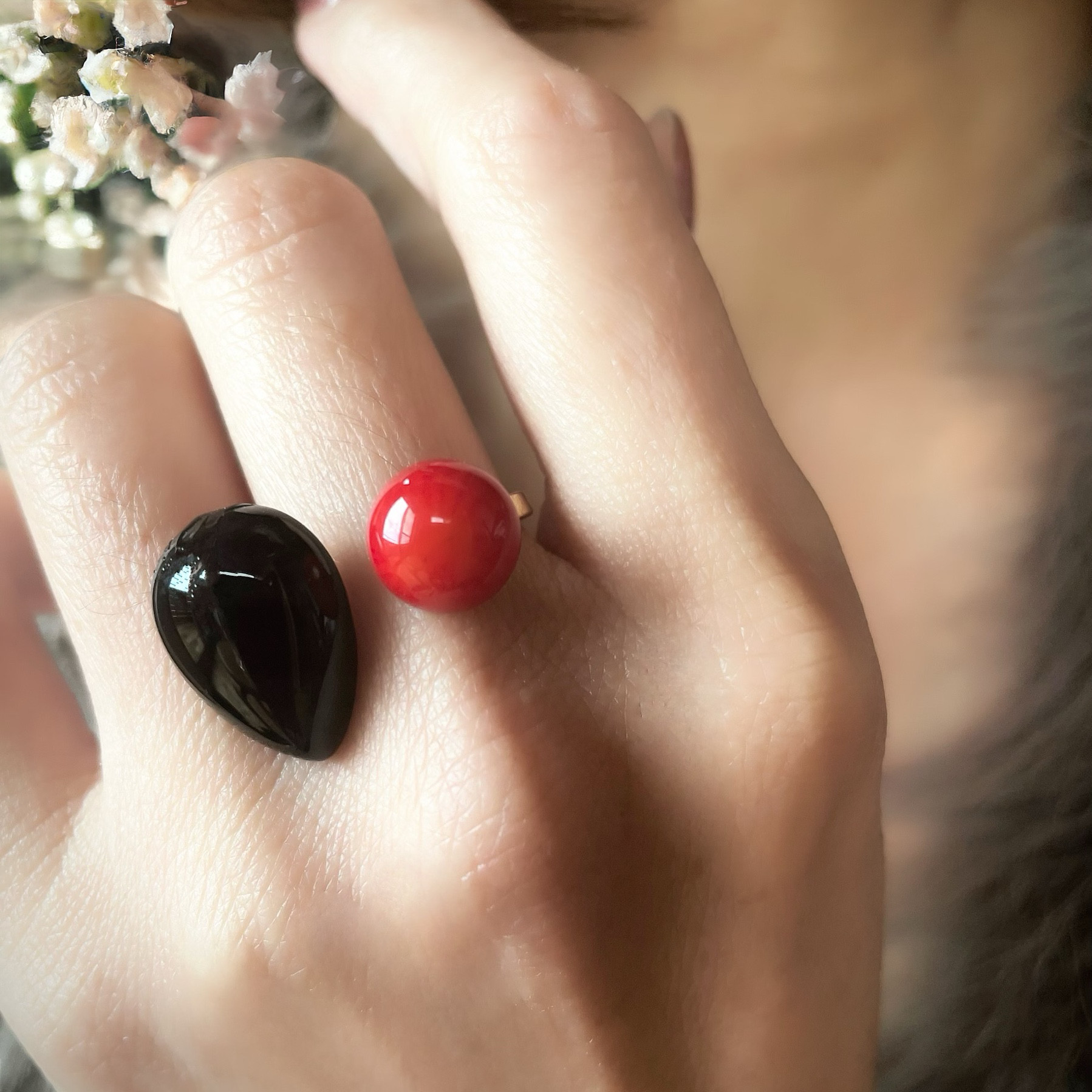 【赤と黒のリング】私だけの天然石フォークリング　　　天然石リング　春リング　春アクセサリー　プレゼント