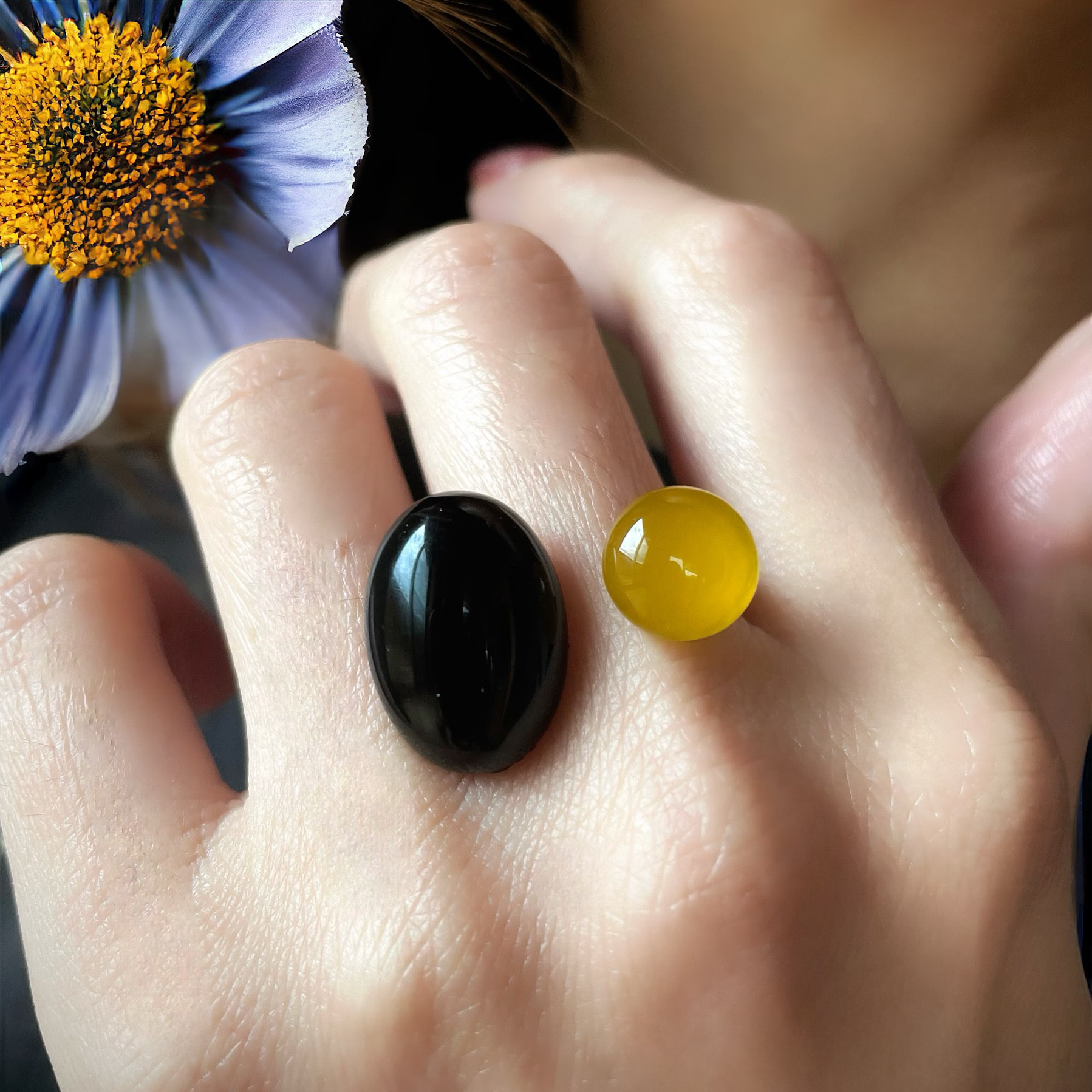【黄色と黒のリング】私だけの天然石フォークリング　　　天然石リング　春リング　春アクセサリー　プレゼント