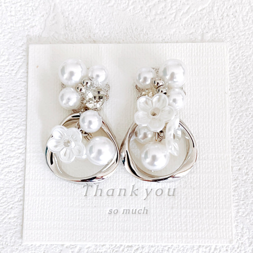 じゃらじゃらイヤリング シルバー パール フープ 花 結婚式