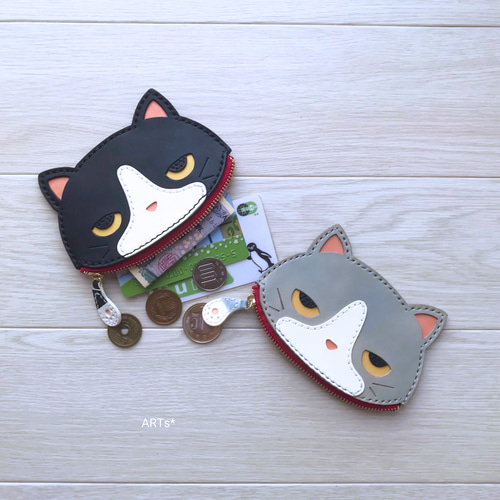 受注制作】猫型ぺたんこ財布@ハチワレ その他ミニ財布