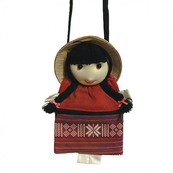 【母の日に素敵な贈り物を】 ベトナムの民族雑貨 すげ笠をかぶった女の子のお人形ポーチ グリーン 5枚目の画像