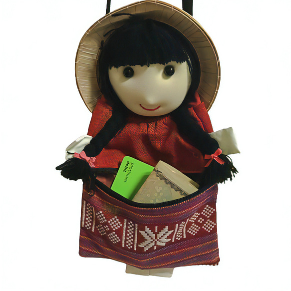 ベトナムの民族雑貨 すげ笠をかぶった女の子のお人形ポーチ レッド 6枚目の画像