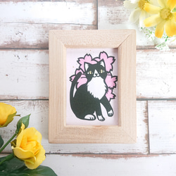 桜とハチワレ猫 ミニサイズ シンプル フレーム付き【切り絵】 切り絵