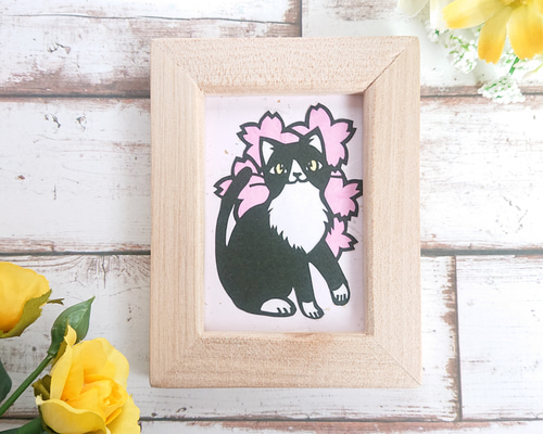 桜とハチワレ猫 ミニサイズ シンプル フレーム付き【切り絵】 切り絵