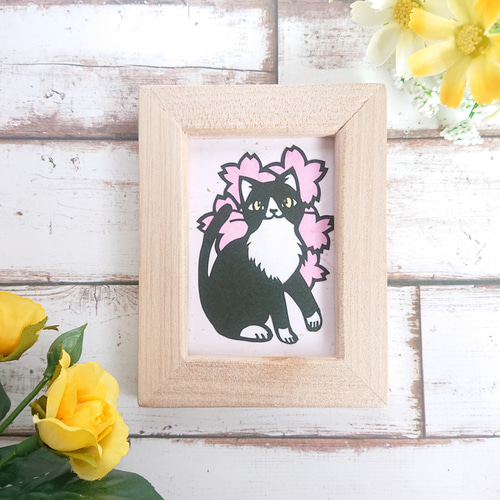 桜とハチワレ猫 ミニサイズ シンプル フレーム付き【切り絵】 切り絵