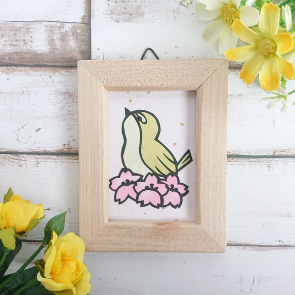 桜と鶯 ミニサイズ シンプル フレーム付き【切り絵】 切り絵 ななぱん