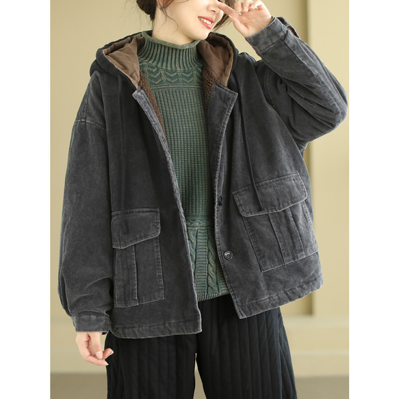 フード付き コーデュロイ コート 中綿 冬アウター ゆったり 暖かい