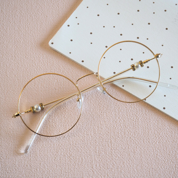 フェイクパール丸型フレーム｜ゴールド｜老眼鏡、だてメガネ、近視用