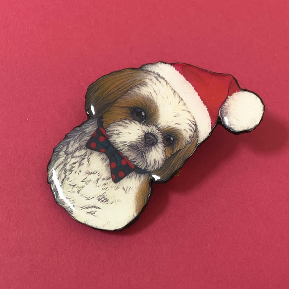 シーズー クリスマス　ブローチ　オリジナル イラスト 犬 いぬ わんちゃん　 2枚目の画像
