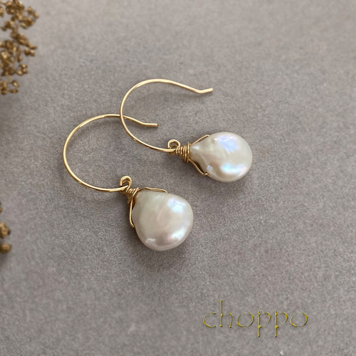 しずく本真珠のネックレス＆ピアス2点セット 14㎏f 淡水パール