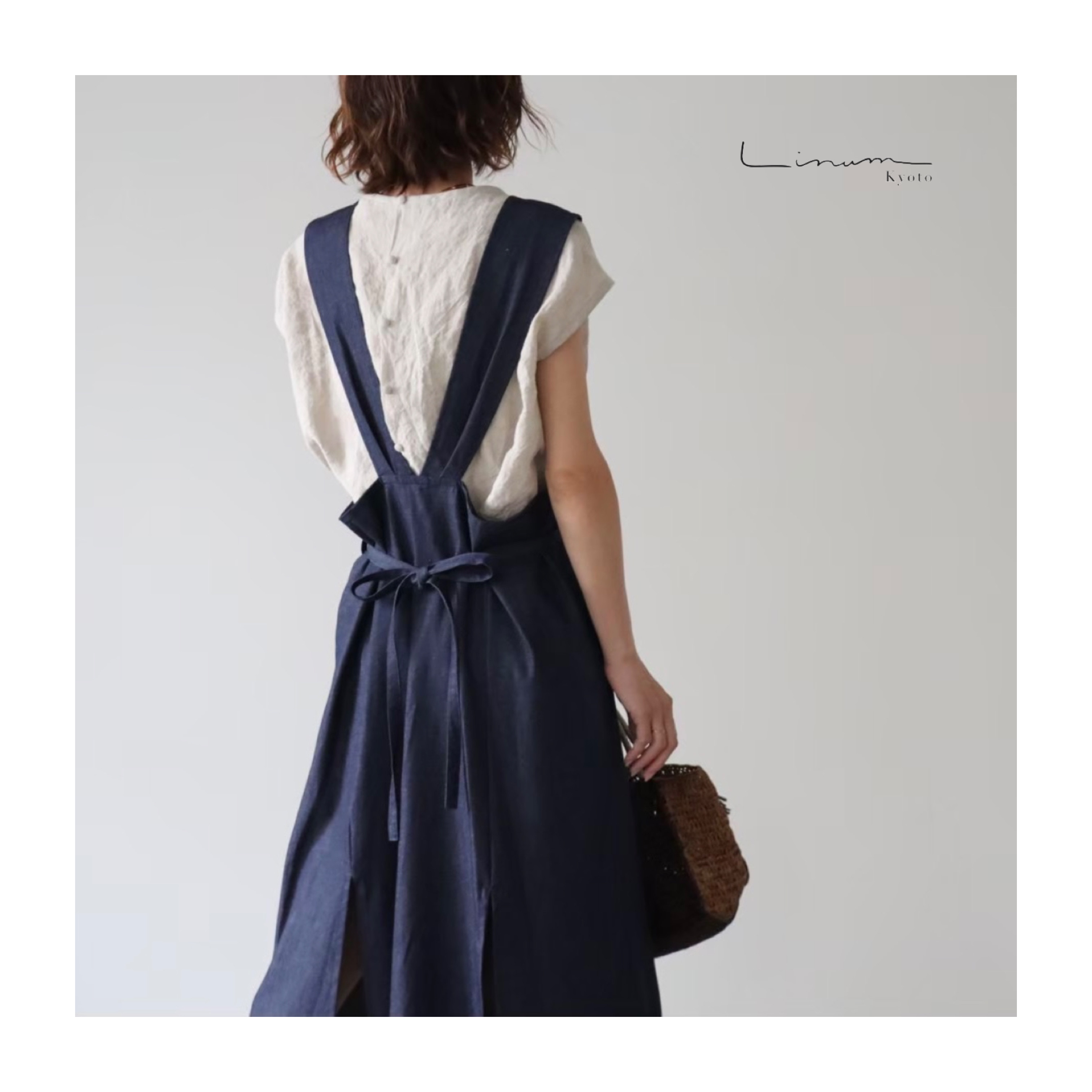 岡山児島デニムジャンパースカート／大胆なスリットバックリボンがポイントのデニムワンピース／エプロンワンピース／インディゴ