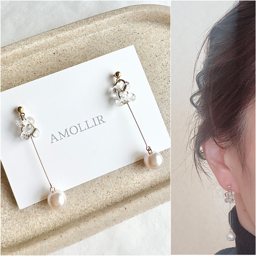 つぶつぶビーズと艶パールのワイヤーピアス/パールピアス クリアビーズ  