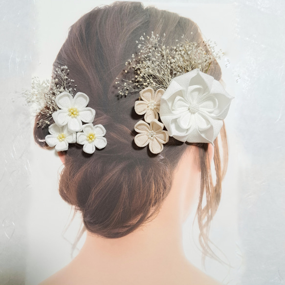 ホワイトつまみ細工髪飾り成人式結婚式 ☆豪華 22点セット☆ ◎つまみ細工 水引◎ ホワイト『大きなお花
