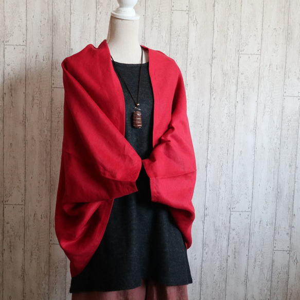 【 新色の赤！３WAY】リネンの羽織りボレロ　ストール❣️　ギフト　X'mas　日よけ　和装　 2枚目の画像