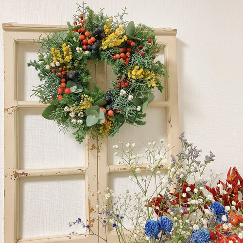 ふわふわ秋ミモザのクリスマスリース リース fumigoro 通販 16953275