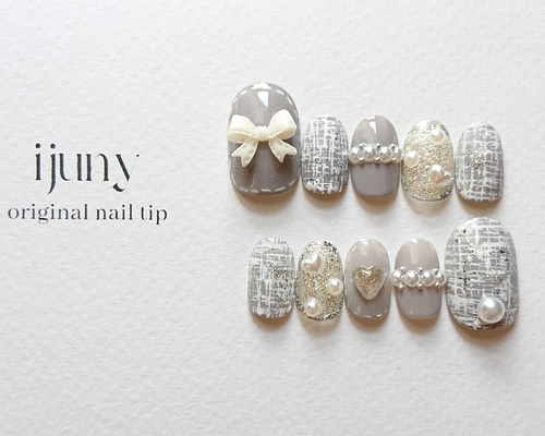 ツイード ネイルチップ リボン パール ハート 大人可愛い ネイルチップ