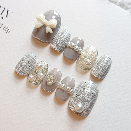 ツイード ネイルチップ リボン パール ハート 大人可愛い ネイルチップ