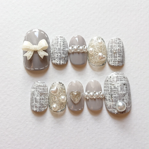 【オーダー】ネイルチップ　ツイード　リボン　ハート ツイード ネイルチップ リボン パール ハート 大人可愛い ネイルチップ