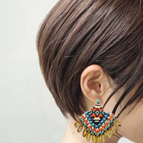 インディアン風フリンジ ビーズピアス ピアス（フック・チェーン