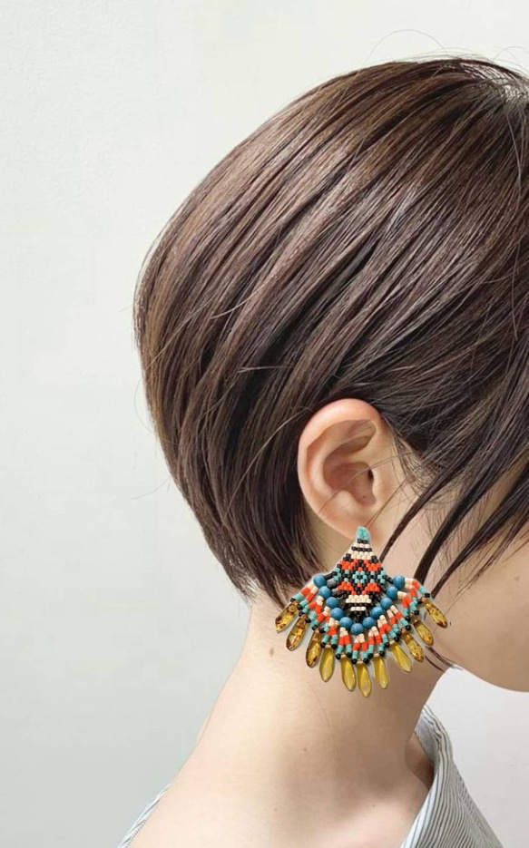 インディアン風フリンジ ビーズピアス ピアス（フック・チェーン
