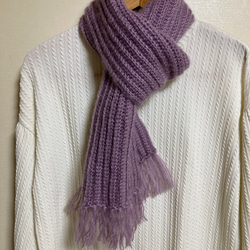ウール混合 紫色 マフラー フリンジ付き 中長編みのくさり模様マフラー＊モーヴピンク フリンジあり マフラー