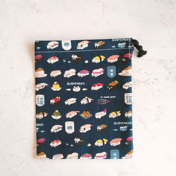 【数量限定】40×60 ランチョンマット 寿司猫柄  ブルー　大 給食 巾着袋 大きめ 男の子 女の子 小学校 コップ袋 3枚目の画像