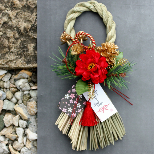 再販×50☆本しめ縄八重赤椿お正月しめ縄飾りリース しめ縄・しめ飾り