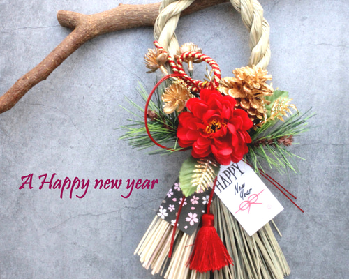 しめ縄リース　赤い椿　白い椿 再販×50☆本しめ縄八重赤椿お正月しめ縄飾りリース しめ縄・しめ飾り