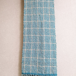 手織りマフラー　アレンジ網代織　ターコイズブルー系　１点もの 2枚目の画像